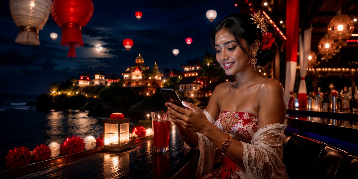Suasana malam dengan cahaya lentera saat pengguna menikmati promosi casino dax89