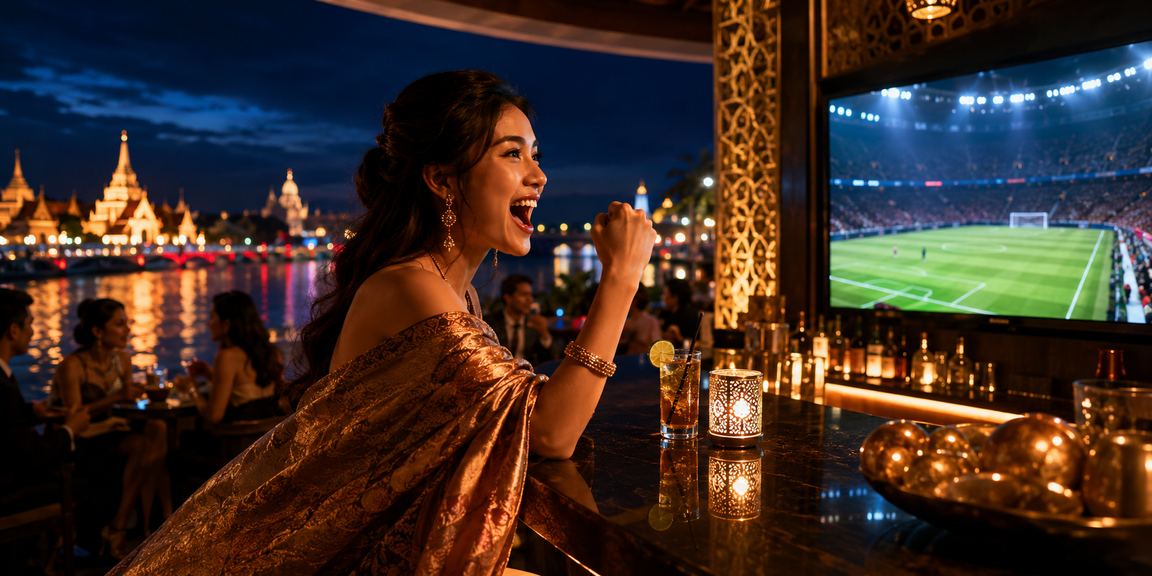 Suasana festival malam yang meriah dengan penggemar sepak bola yang antusias menyaksikan pertandingan